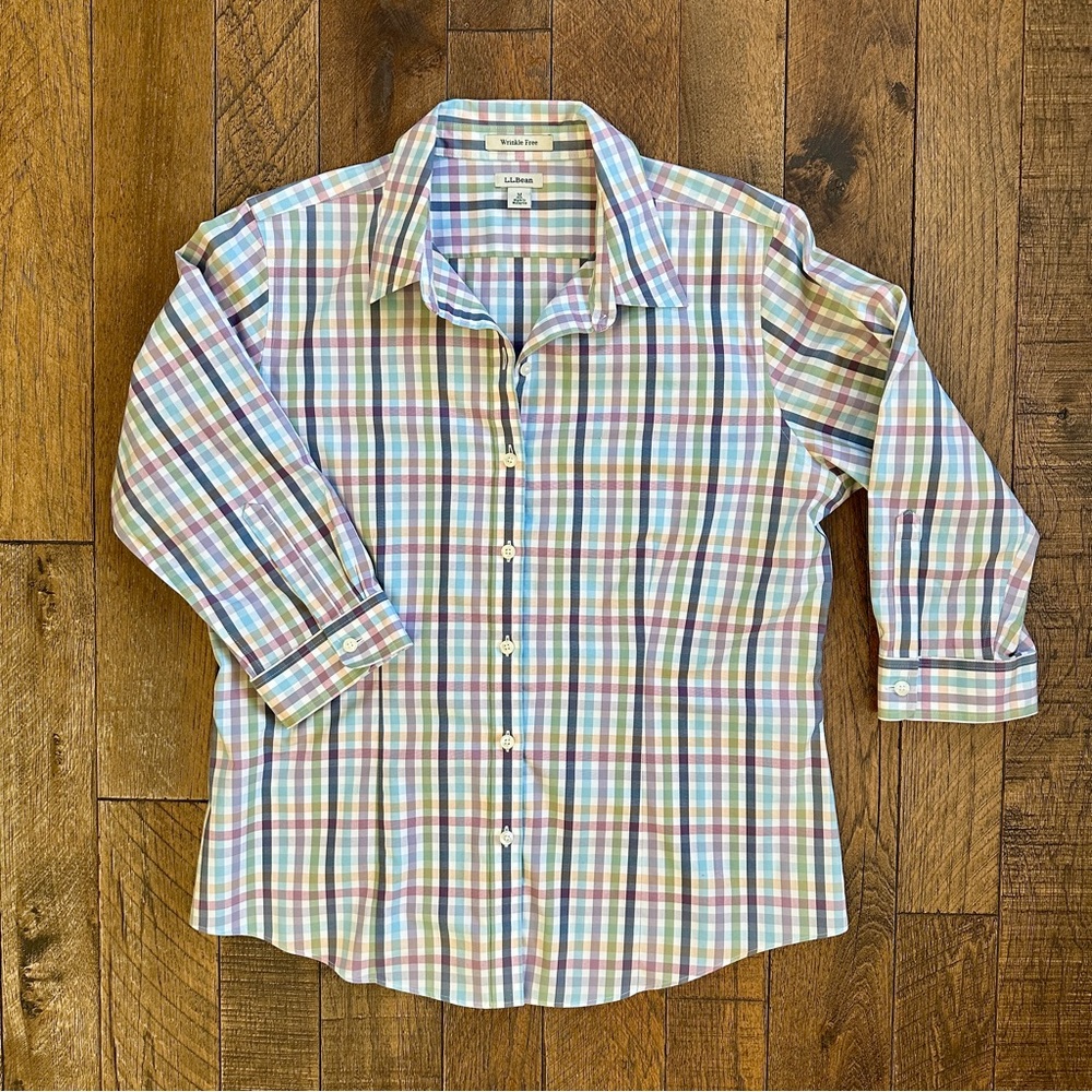 L.L. Bean Wrinkle Free 3/4 Sleeve Button Down Pastel Check Size M